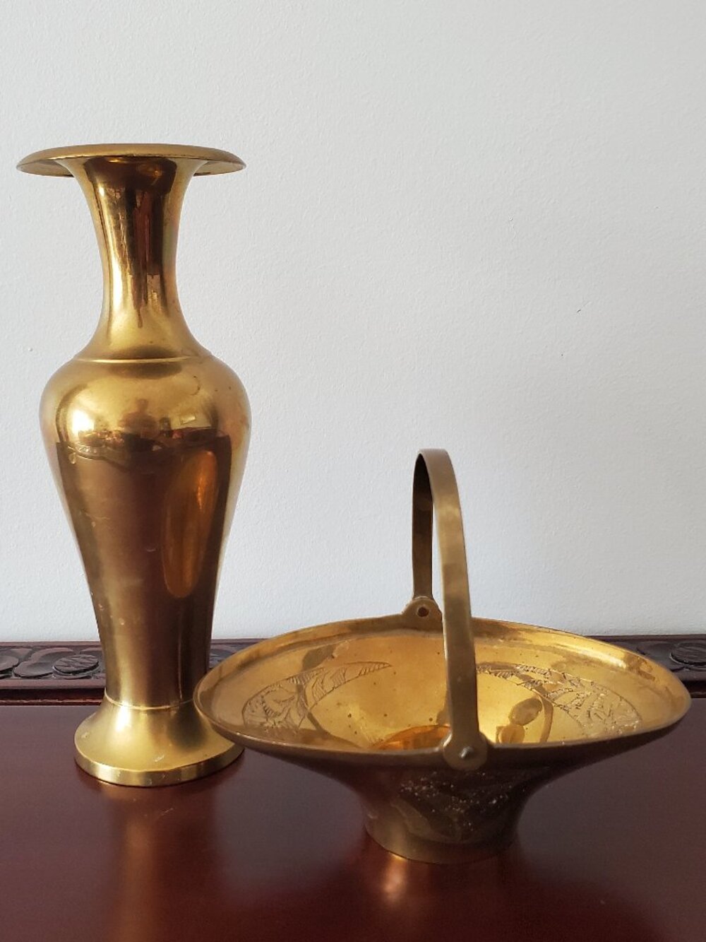 Solid Brass Vase & Basket Bundle Etched Ring Holder Basket Dresser Top Decor